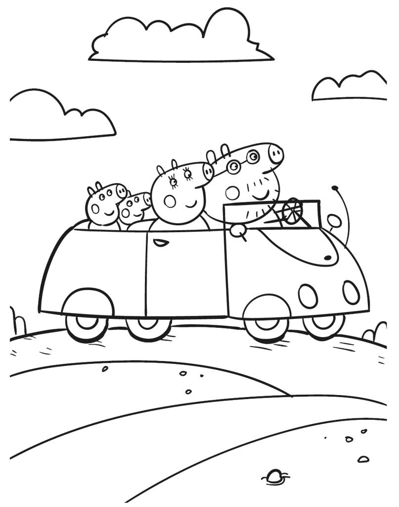 Rodzina Świnki Peppy w samochodzie - kolorowanka