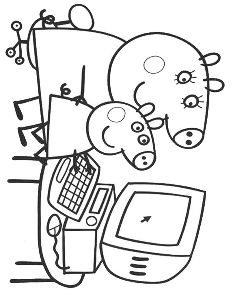 Świnka Peppa z mamą przy komputerze - kolorowanka dla dzieci